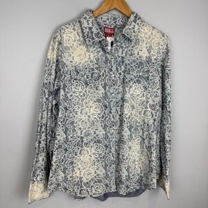 Red Ranch Womens Pearl Snap Shirt Size XL Blue Long Sleeve Lace Print NWT